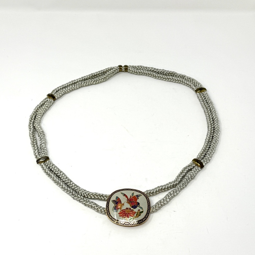 Vintage cloisonné buckle stretch statement belt butterfly floral